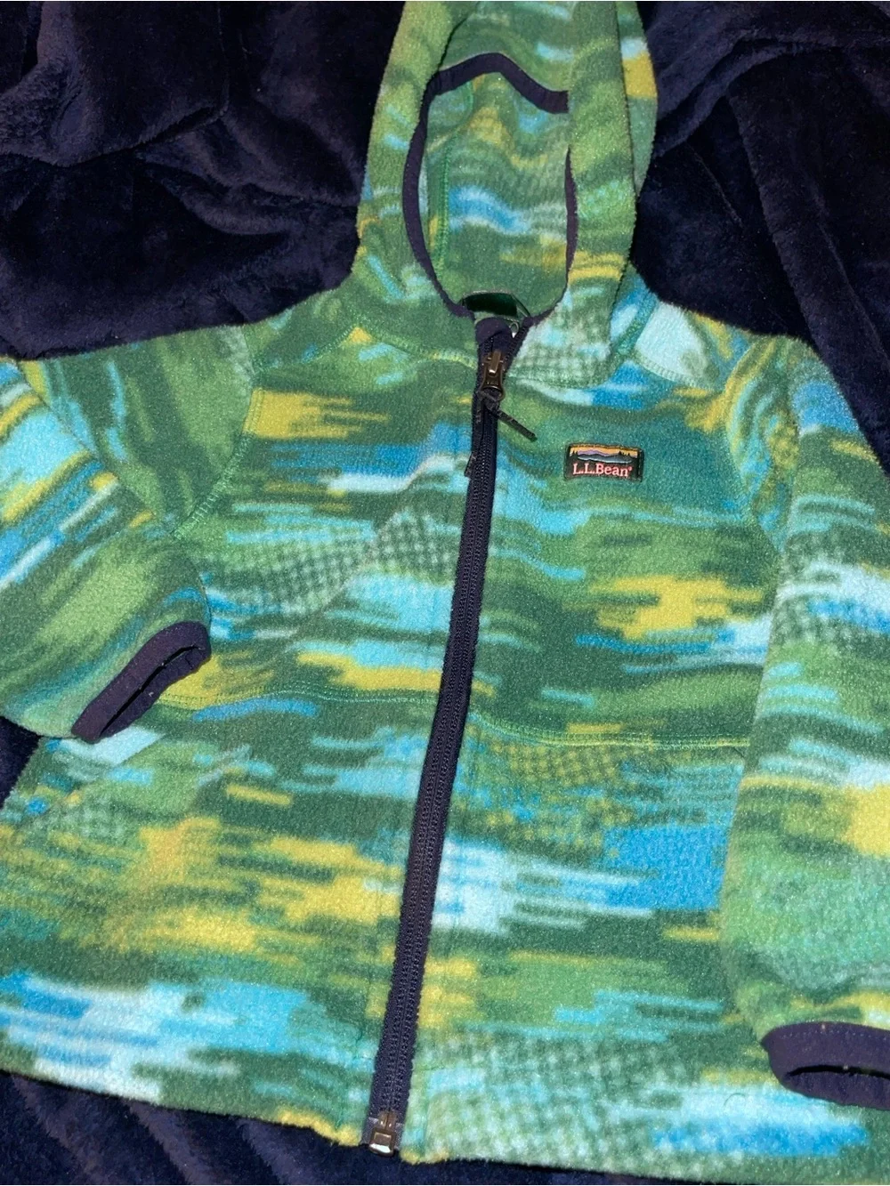 L.L.Bean Green, Blue & Yellow Patterned Fleece Jacket with Hood